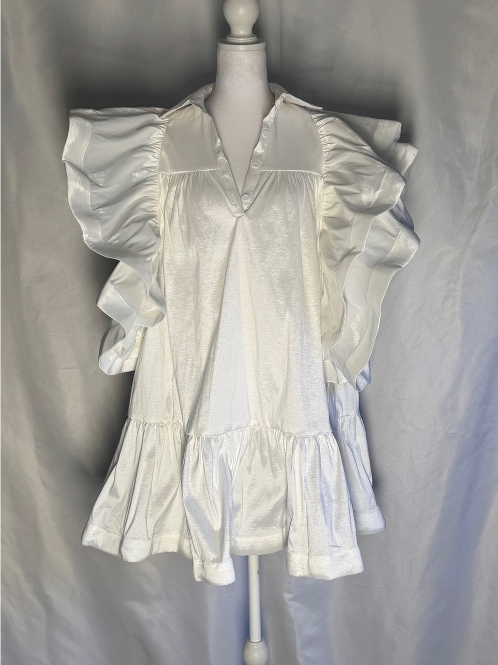 Love Highlight White Satin Ruffle Sleeve Babydoll Mini Dress Women’s Size M